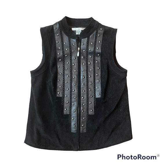 Black leather suede Peter Nygard studded vest - Picture 1 of 7